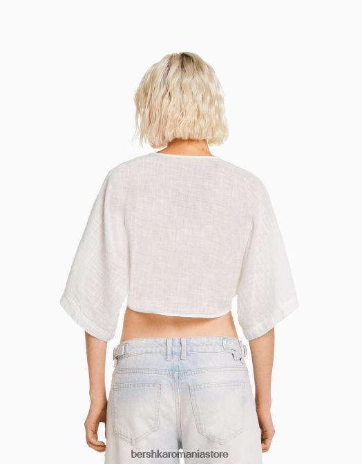 Bershka femei cămașă rustică cu mânecă scurtă alb Z86D743 îmbrăcăminte