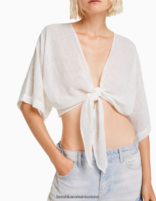 Bershka femei cămașă rustică cu mânecă scurtă alb Z86D743 îmbrăcăminte