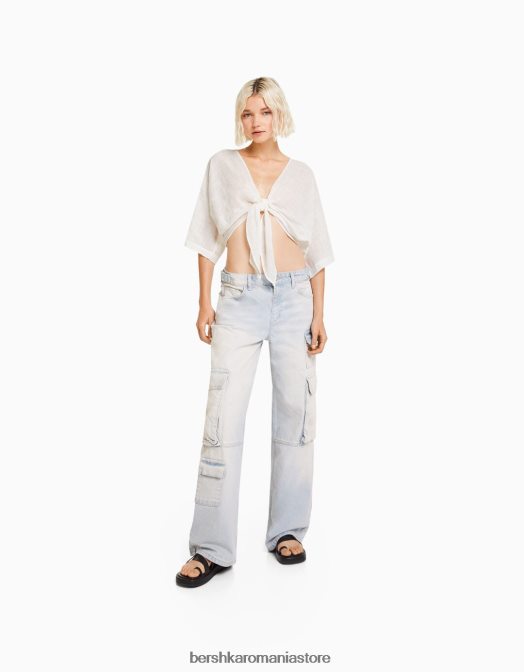 Bershka femei cămașă rustică cu mânecă scurtă alb Z86D743 îmbrăcăminte