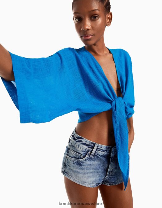 Bershka femei cămașă rustică cu mânecă scurtă albastru Z86D742 îmbrăcăminte