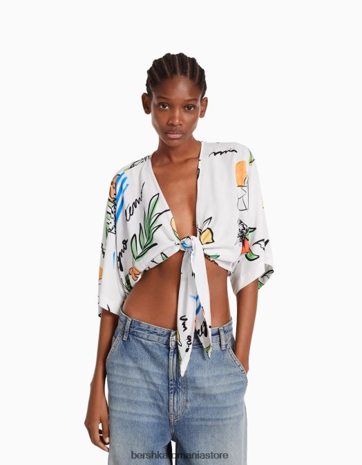 Bershka femei cămașă rustică cu mânecă scurtă multicolor Z86D741 îmbrăcăminte