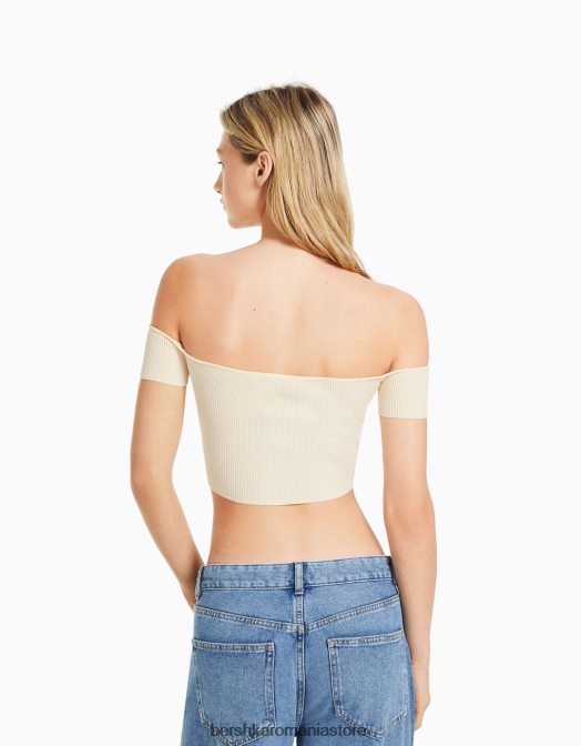 Bershka femei corset din tricot fără umeri cu mânecă scurtă bej Z86D803 îmbrăcăminte