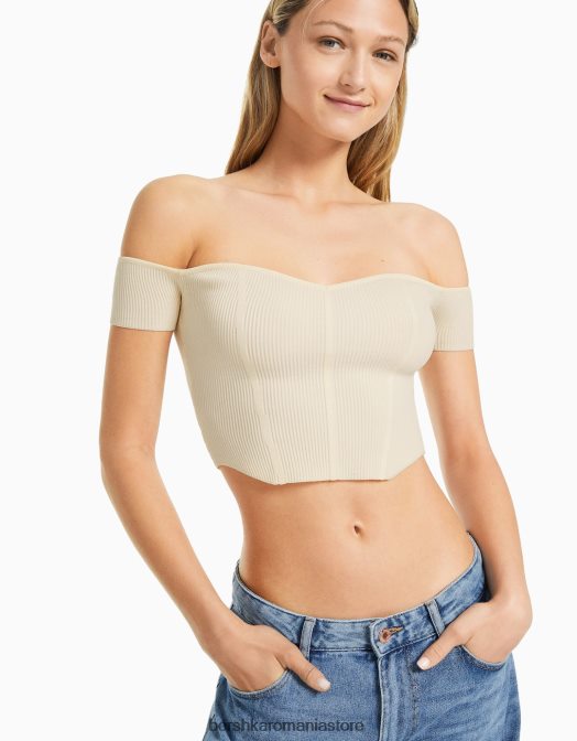 Bershka femei corset din tricot fără umeri cu mânecă scurtă bej Z86D803 îmbrăcăminte