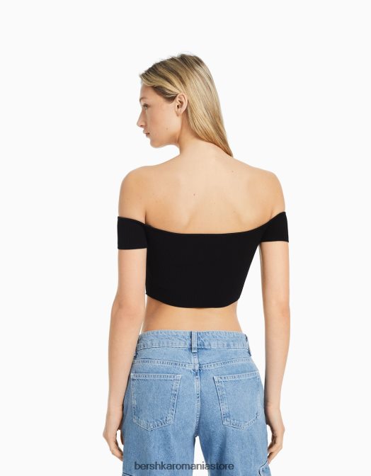 Bershka femei corset din tricot fără umeri cu mânecă scurtă negru Z86D804 îmbrăcăminte