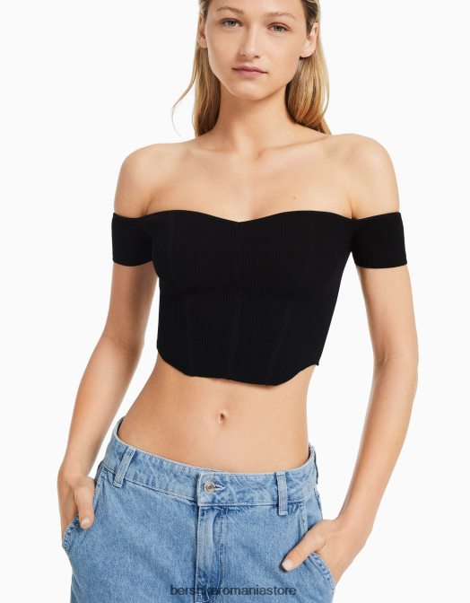 Bershka femei corset din tricot fără umeri cu mânecă scurtă negru Z86D804 îmbrăcăminte