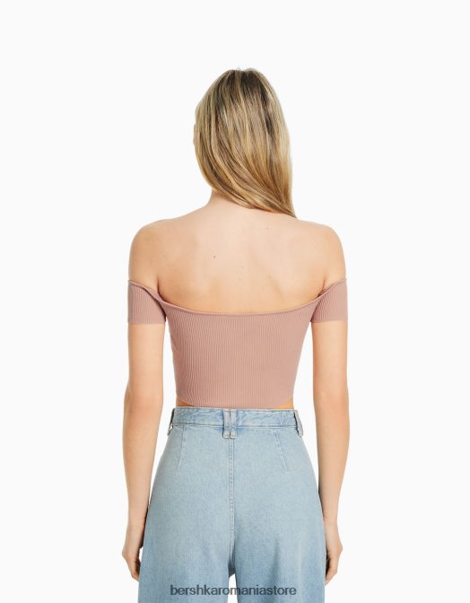 Bershka femei corset din tricot fără umeri cu mânecă scurtă roz Z86D802 îmbrăcăminte