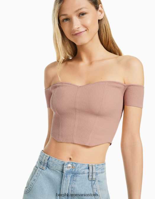 Bershka femei corset din tricot fără umeri cu mânecă scurtă roz Z86D802 îmbrăcăminte