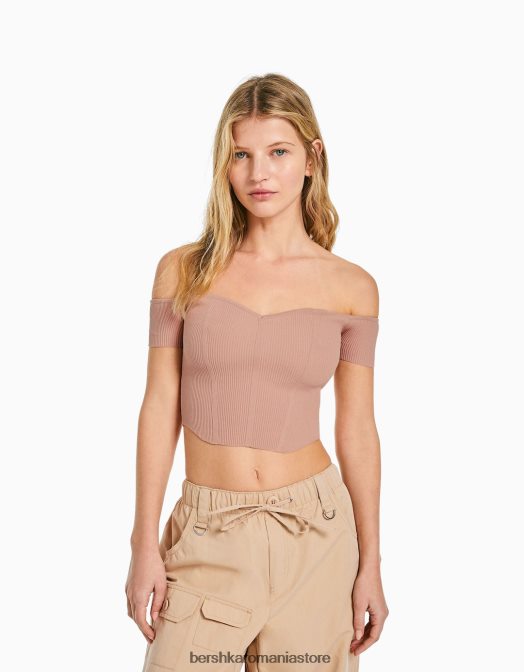 Bershka femei corset din tricot fără umeri cu mânecă scurtă roz Z86D805 îmbrăcăminte