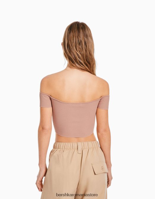 Bershka femei corset din tricot fără umeri cu mânecă scurtă roz Z86D805 îmbrăcăminte