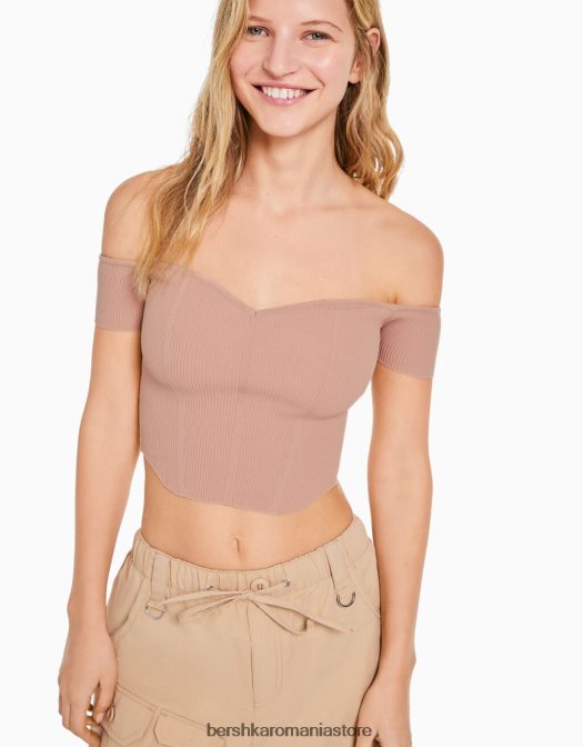 Bershka femei corset din tricot fără umeri cu mânecă scurtă roz Z86D805 îmbrăcăminte