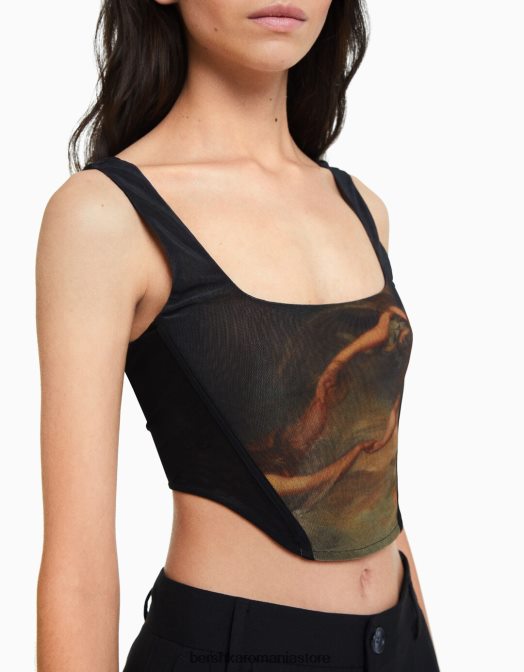Bershka femei corset din tul cu imprimeu serie art negru Z86D720 îmbrăcăminte