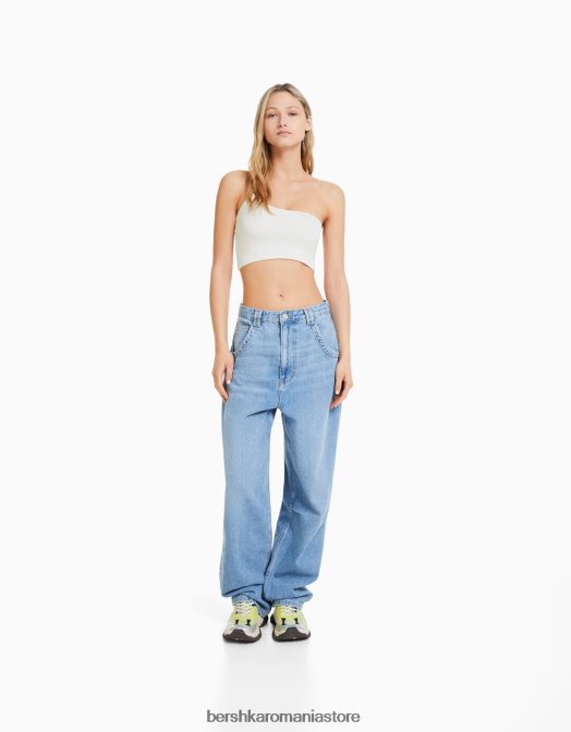 Bershka femei crop top asimetric cu bretele aproape alb Z86D748 îmbrăcăminte