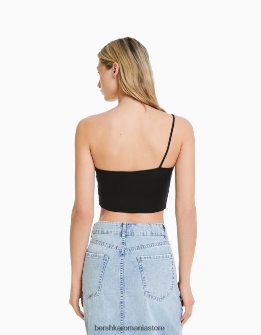 Bershka femei crop top asimetric cu bretele negru Z86D750 îmbrăcăminte