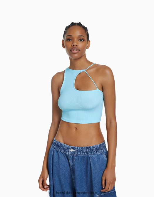 Bershka femei crop top asimetric fără mâneci albastru deschis Z86D710 îmbrăcăminte