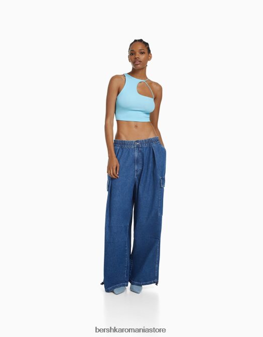 Bershka femei crop top asimetric fără mâneci albastru deschis Z86D710 îmbrăcăminte