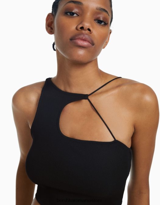 Bershka femei crop top asimetric fără mâneci negru Z86D711 îmbrăcăminte