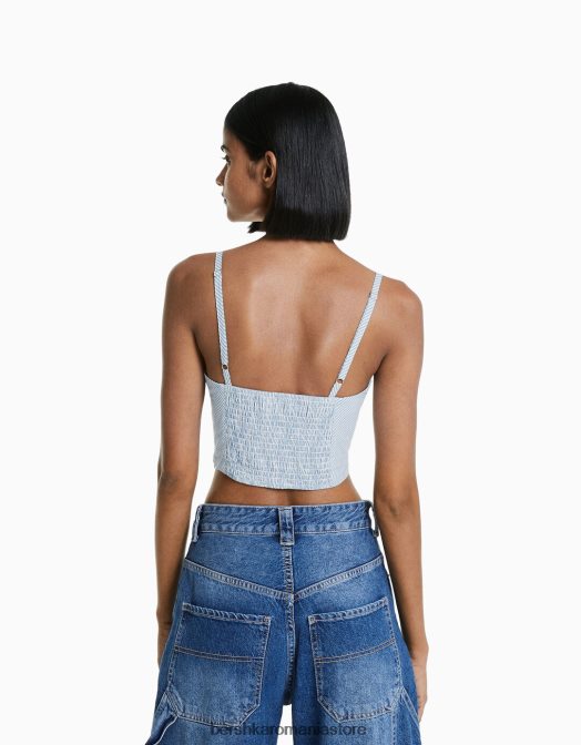 Bershka femei crop top cu bretele din popelin imprimat albastru deschis Z86D706 îmbrăcăminte