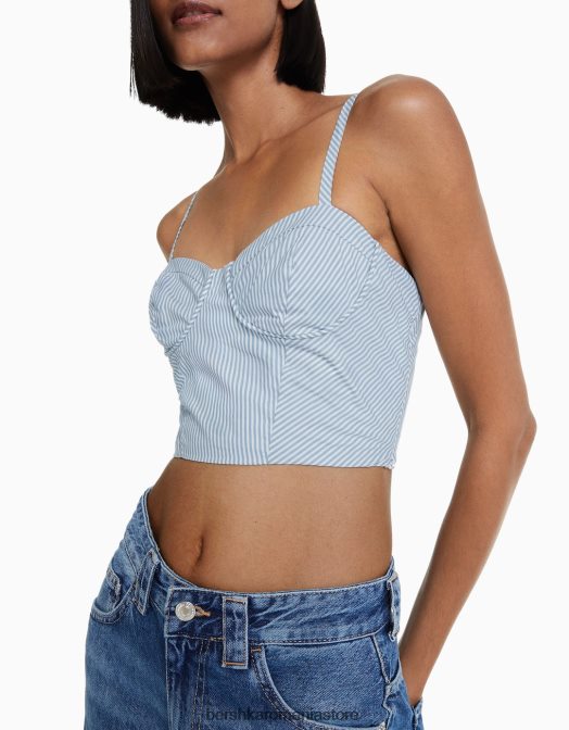 Bershka femei crop top cu bretele din popelin imprimat albastru deschis Z86D706 îmbrăcăminte