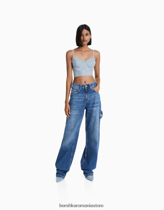 Bershka femei crop top cu bretele din popelin imprimat albastru deschis Z86D706 îmbrăcăminte