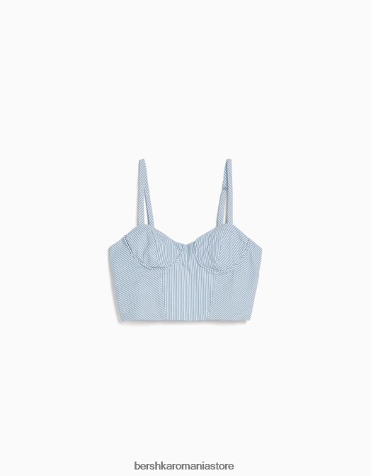 Bershka femei crop top cu bretele din popelin imprimat albastru deschis Z86D706 îmbrăcăminte