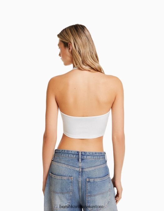 Bershka femei crop top cu halter cu nervuri aproape alb Z86D680 îmbrăcăminte