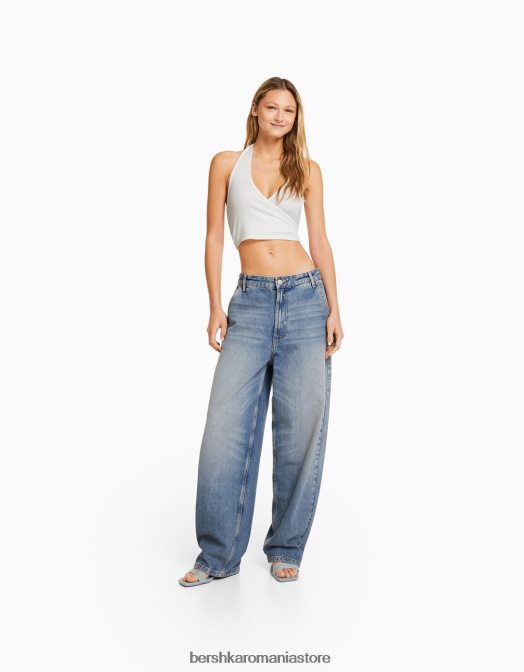Bershka femei crop top cu halter cu nervuri aproape alb Z86D680 îmbrăcăminte