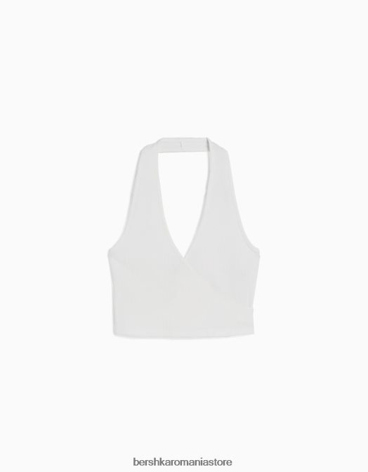 Bershka femei crop top cu halter cu nervuri aproape alb Z86D680 îmbrăcăminte