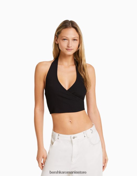 Bershka femei crop top cu halter cu nervuri negru Z86D681 îmbrăcăminte