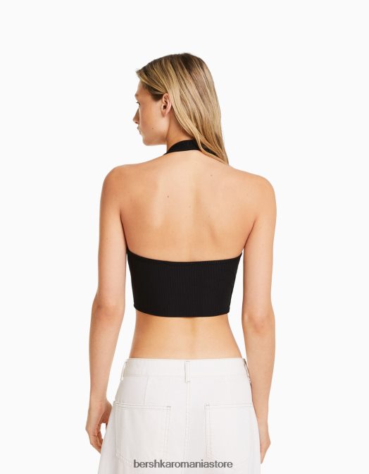 Bershka femei crop top cu halter cu nervuri negru Z86D681 îmbrăcăminte