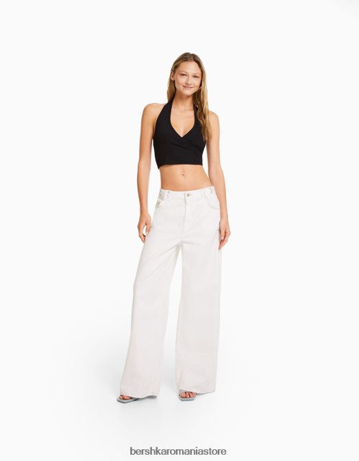 Bershka femei crop top cu halter cu nervuri negru Z86D681 îmbrăcăminte