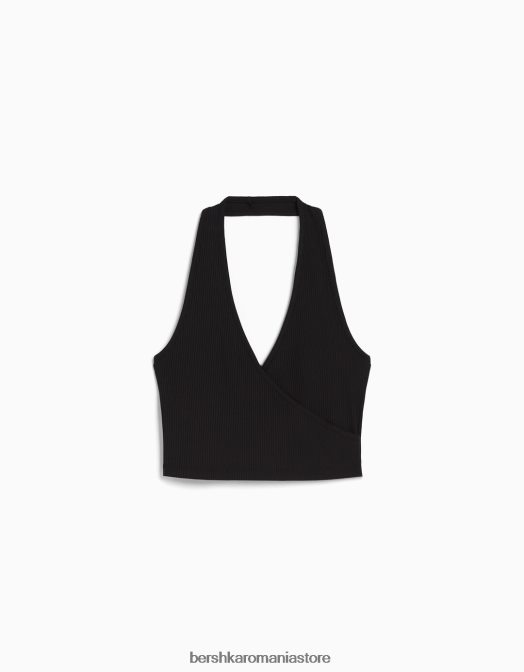 Bershka femei crop top cu halter cu nervuri negru Z86D681 îmbrăcăminte