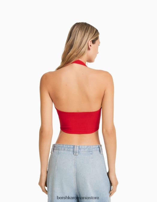 Bershka femei crop top cu halter cu nervuri roșu Z86D682 îmbrăcăminte