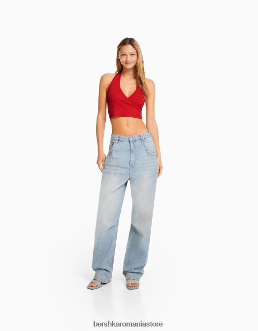 Bershka femei crop top cu halter cu nervuri roșu Z86D682 îmbrăcăminte