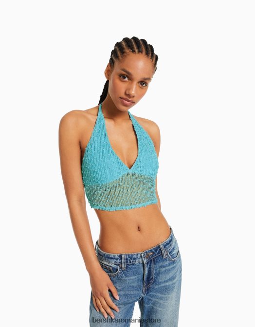 Bershka femei crop top cu halter din plasă turcoaz Z86D677 îmbrăcăminte