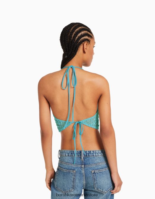 Bershka femei crop top cu halter din plasă turcoaz Z86D677 îmbrăcăminte