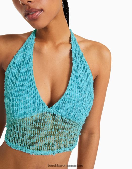 Bershka femei crop top cu halter din plasă turcoaz Z86D677 îmbrăcăminte