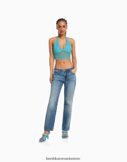 Bershka femei crop top cu halter din plasă turcoaz Z86D677 îmbrăcăminte