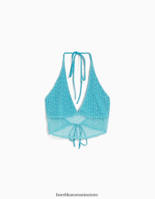 Bershka femei crop top cu halter din plasă turcoaz Z86D677 îmbrăcăminte