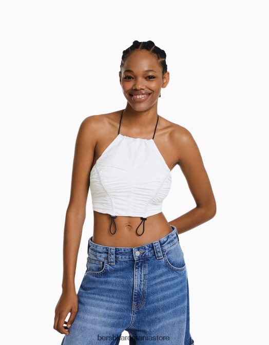 Bershka femei crop top cu halterne din nailon, cu opritoare alb Z86D793 îmbrăcăminte