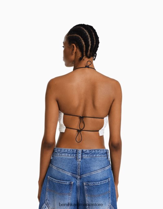 Bershka femei crop top cu halterne din nailon, cu opritoare alb Z86D793 îmbrăcăminte