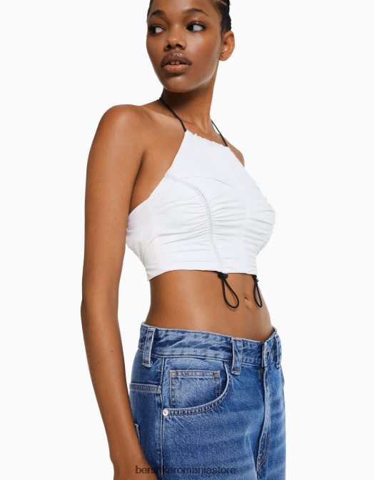 Bershka femei crop top cu halterne din nailon, cu opritoare alb Z86D793 îmbrăcăminte
