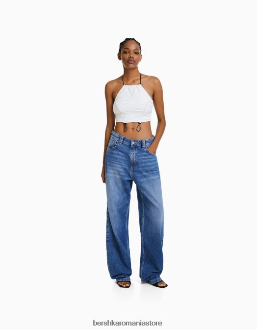 Bershka femei crop top cu halterne din nailon, cu opritoare alb Z86D793 îmbrăcăminte
