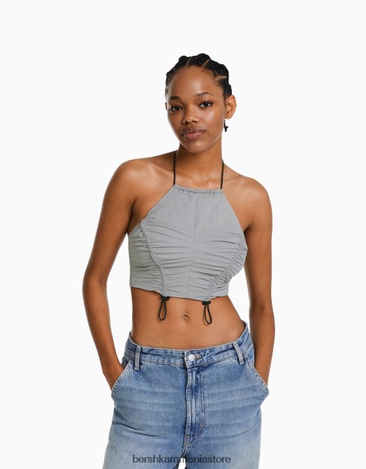 Bershka femei crop top cu halterne din nailon, cu opritoare gri Z86D792 îmbrăcăminte