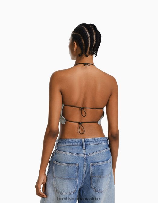 Bershka femei crop top cu halterne din nailon, cu opritoare gri Z86D792 îmbrăcăminte