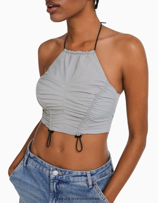 Bershka femei crop top cu halterne din nailon, cu opritoare gri Z86D792 îmbrăcăminte