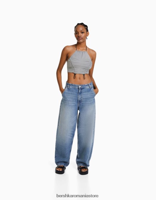Bershka femei crop top cu halterne din nailon, cu opritoare gri Z86D792 îmbrăcăminte
