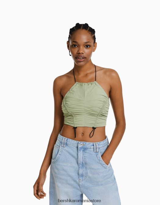 Bershka femei crop top cu halterne din nailon, cu opritoare kaki Z86D794 îmbrăcăminte