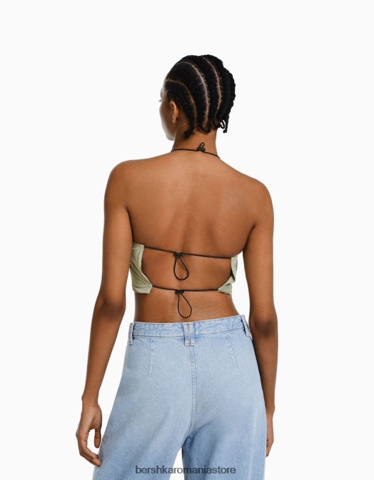 Bershka femei crop top cu halterne din nailon, cu opritoare kaki Z86D794 îmbrăcăminte