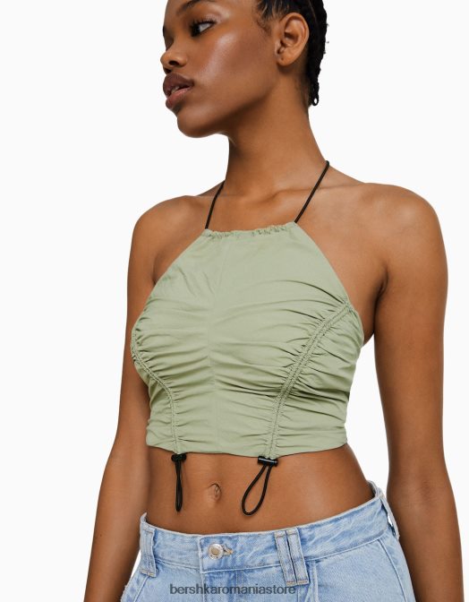 Bershka femei crop top cu halterne din nailon, cu opritoare kaki Z86D794 îmbrăcăminte