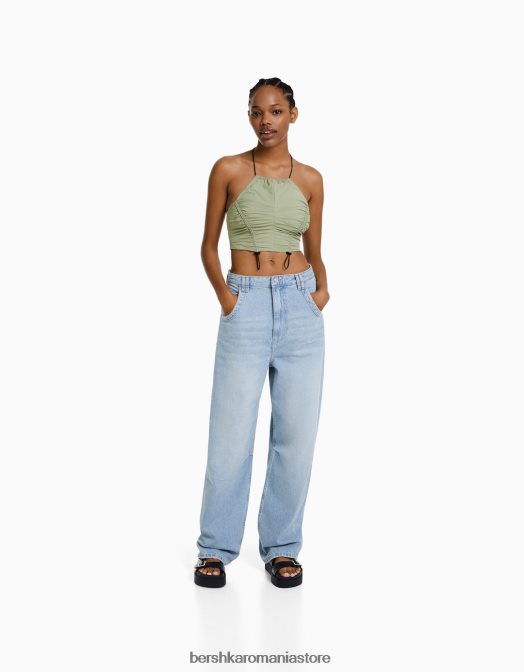 Bershka femei crop top cu halterne din nailon, cu opritoare kaki Z86D794 îmbrăcăminte
